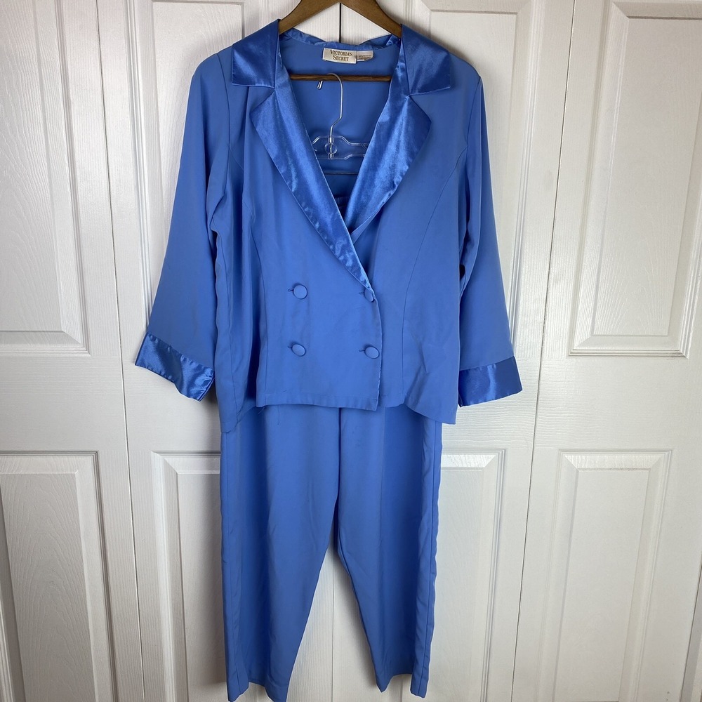 Vtg Victoria's Secret Satin Pajama Set 2 Piece Size S Blue 90s Romantic Preppy